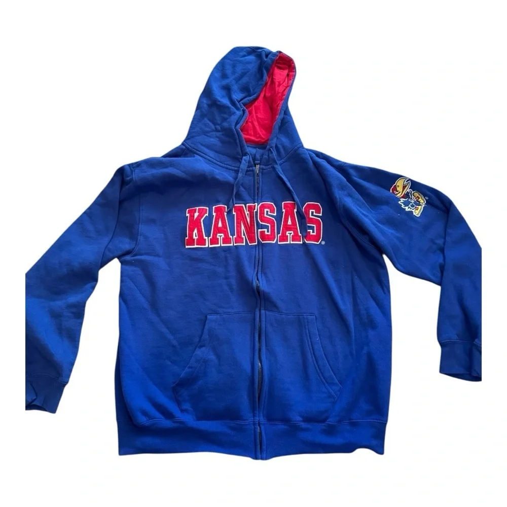 Vintage KU Jayhawks Men’s Embroidered Blue & Red Size XL Zip Up Cotton Hoodie